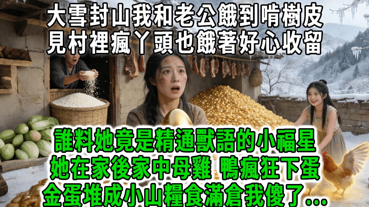大雪封山我和老公餓到啃樹皮，見村裡瘋丫頭也餓著好心收留，誰料她竟是精通獸語的小福星，她在家後家中母雞 鴨瘋狂下蛋，金蛋堆成小山糧食滿倉頓頓有肉，一天狂賺百萬我瞬間傻眼了！#荷上清風 #爽文