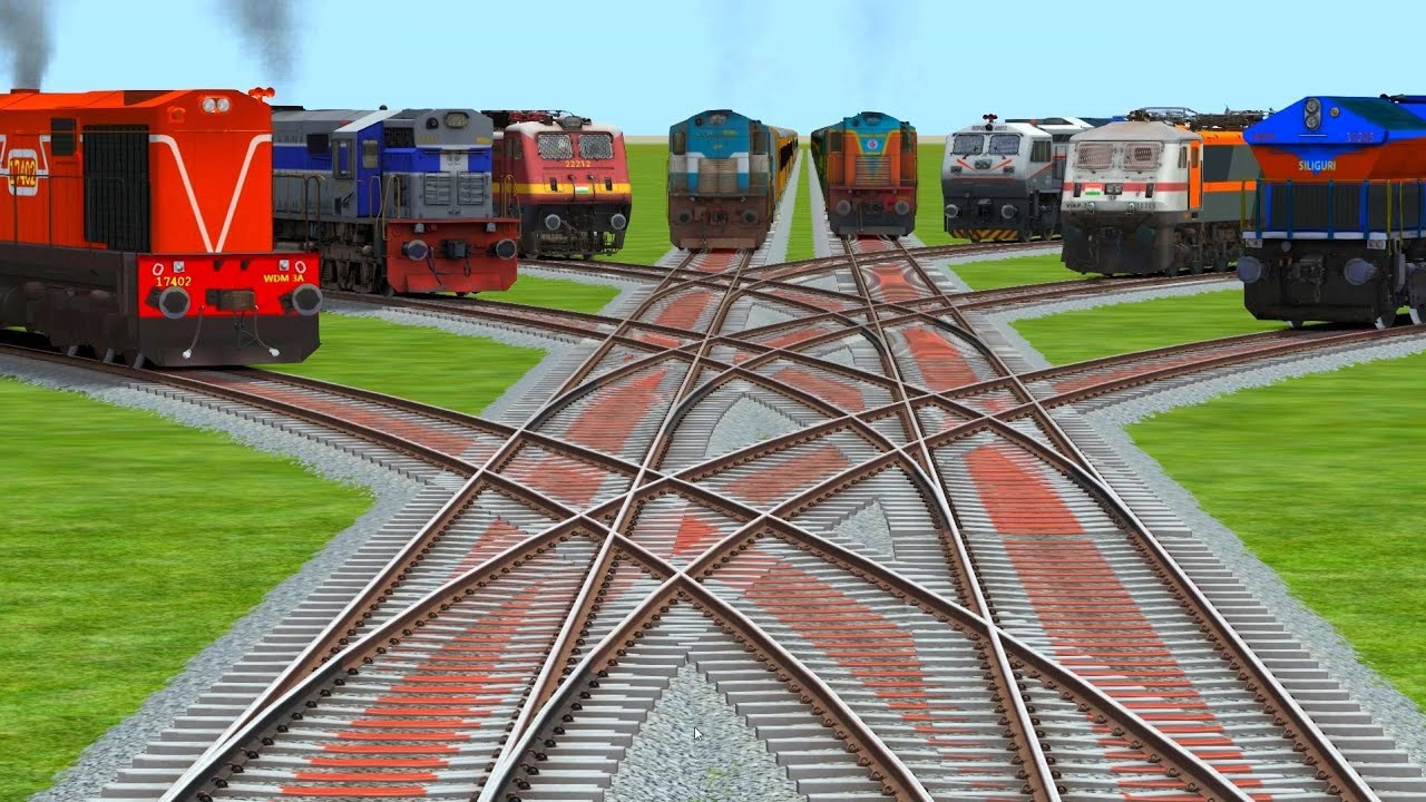 Eight Colourful Trains Crossing By Bumpy Branched forked Railroad Tracks |train videos train game