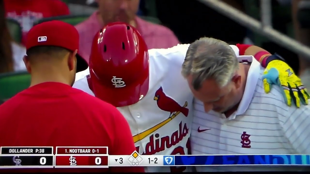 St. Louis Cardinals' Lars Nootbaar hurt after fouling ball off foot vs. Colorado Rockies