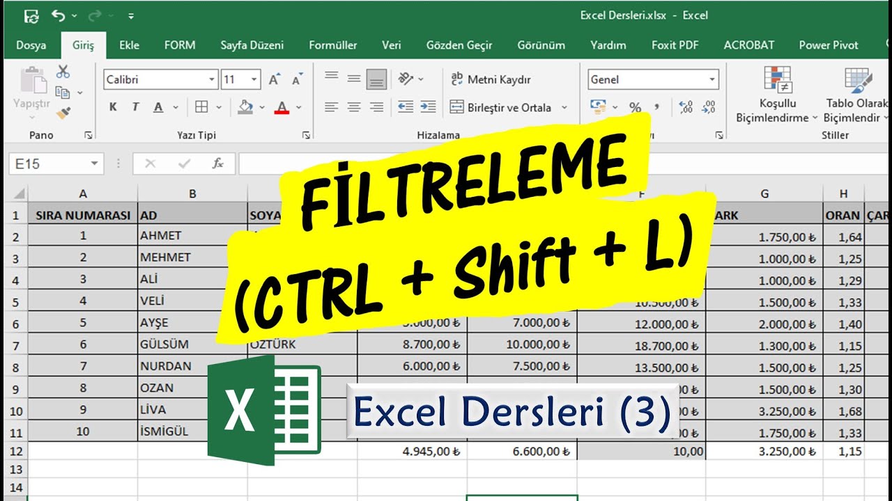 Excel Dersleri (3) Filtreleme (CTRL+Shift+L)