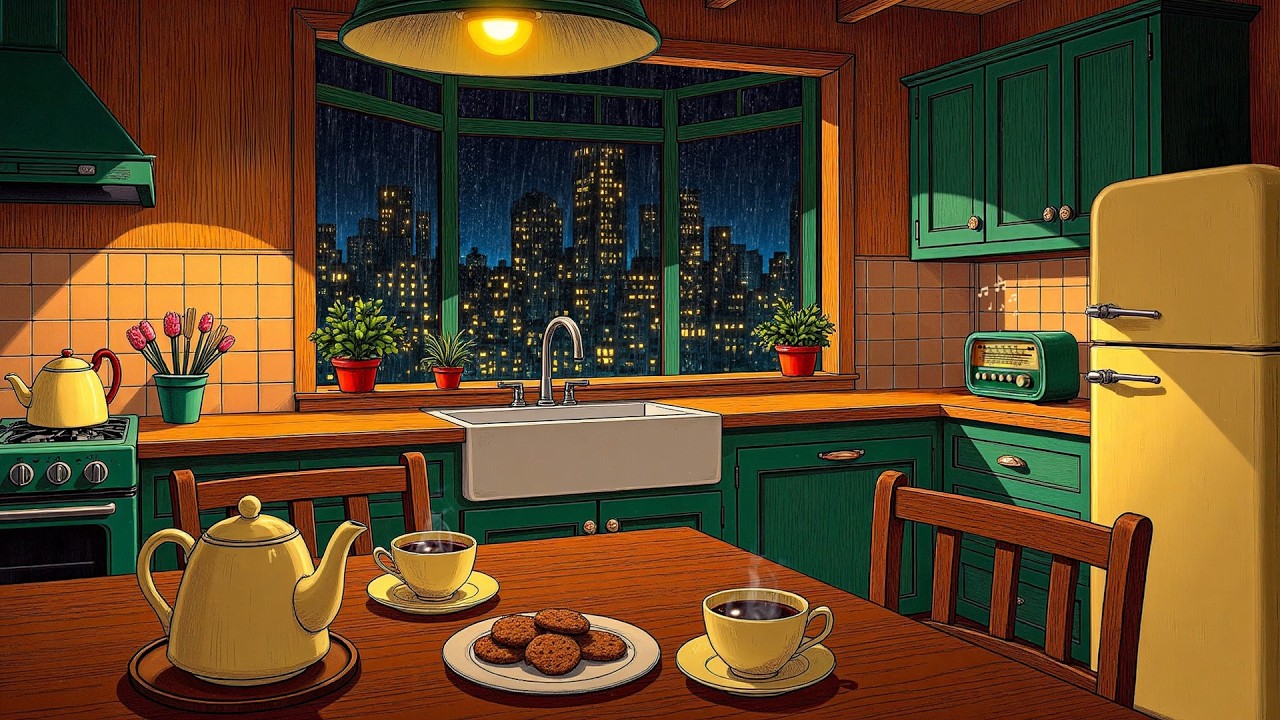 it's 1950s on a quiet New York night, with vintage oldies playing in another room (rain sounds)