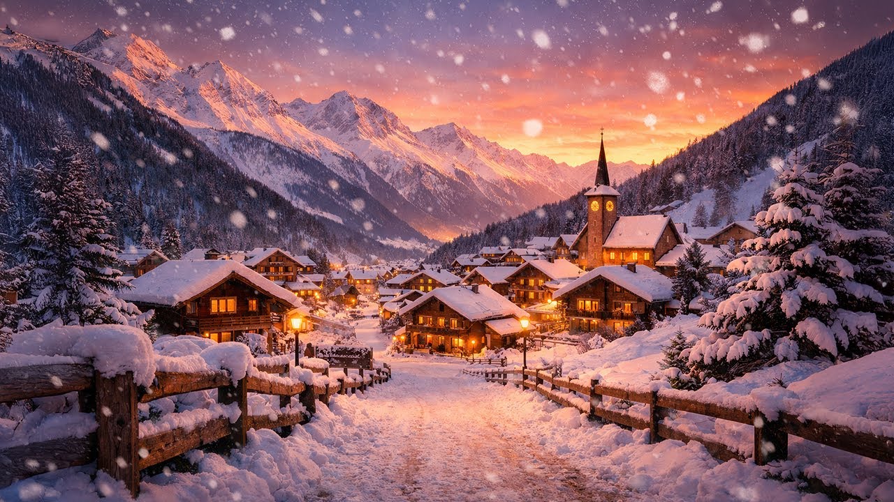 Snowy Alpine Village at Sunset 🔔❄️ Warm Lights, Falling Snow (2 Hours) Study • Relax • Sleep
