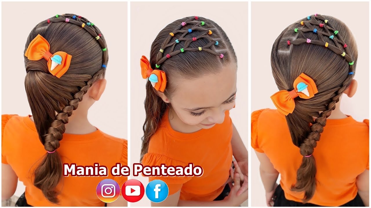 Penteado com Ligas e Rabo de Cavalo Trançado🌈 | Braid Ponytail Hairstyle with Elastics for Girls 🌈🥰