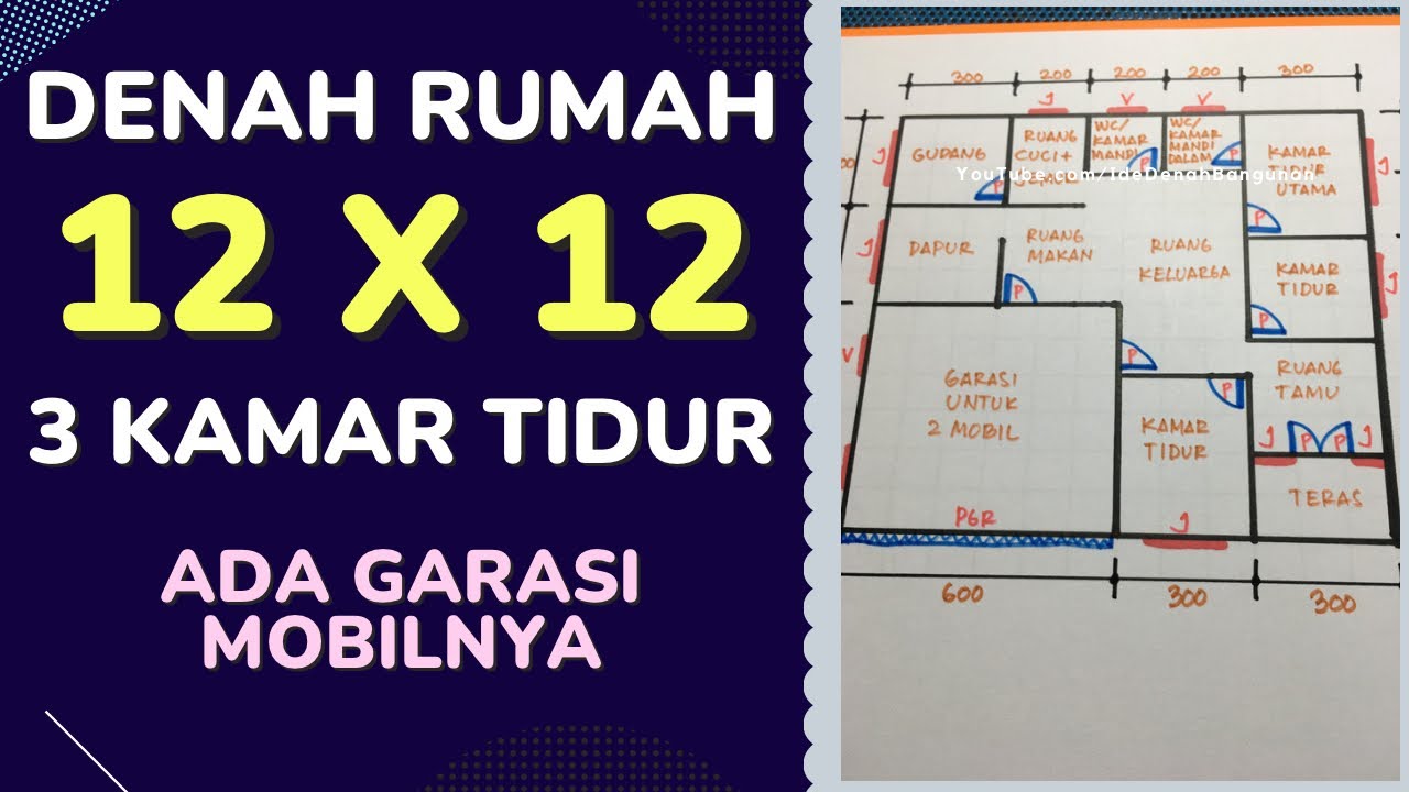 Desain Denah Rumah 12x12 3 Kamar Tidur dan Ada Garasi Mobilnya