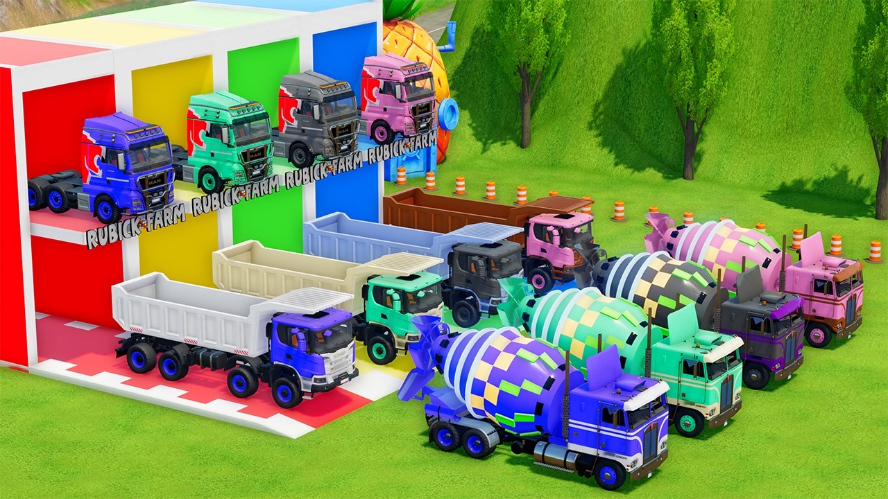 Garage with Colors - ALL MIXER TRUCK WITH DOUBLE FLATBED TRAILER TRUCK, MAN, SCANIA, KENWORTH - FS22