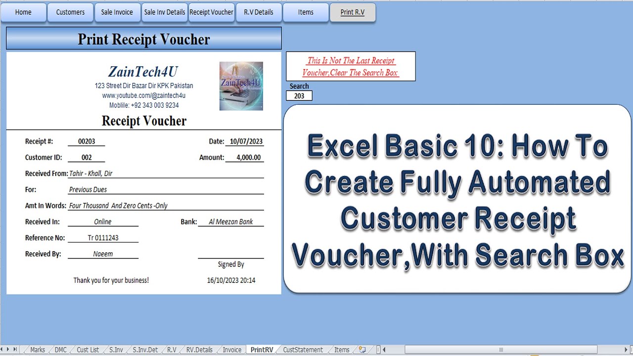 Excel Basics 10. How To Create Automated Receipt Voucher In Excel | Invoice Payments | Receipt Bill
