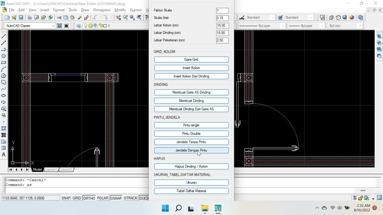 Membuat Dinding, Kolom, Dimensi, Pintu dan Jendela dengan AUTOLISP