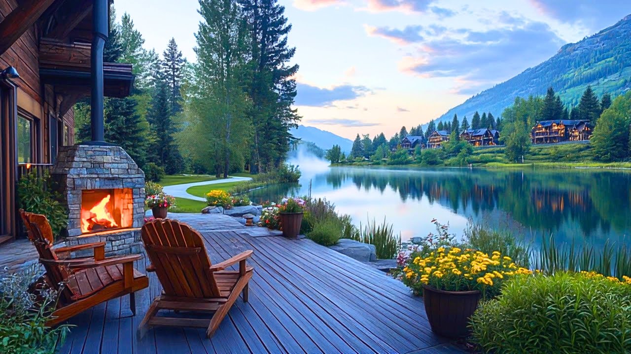 Feel Relax beside calm lake and crackling fireplace 🔥with bird calls | Peaceful Nature Sounds