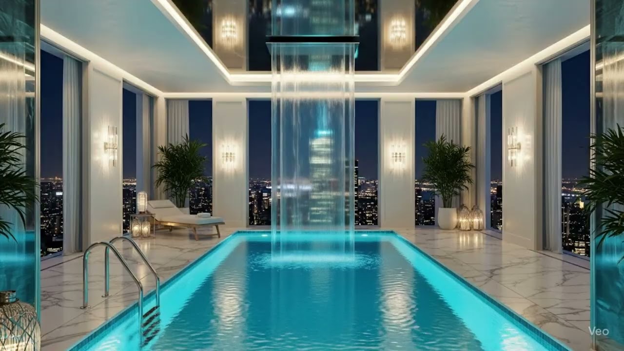Luxury Cityscape Oasis Indoor Pool with Relaxing Waterfall Sounds and Lo FI Lounge Music 4K