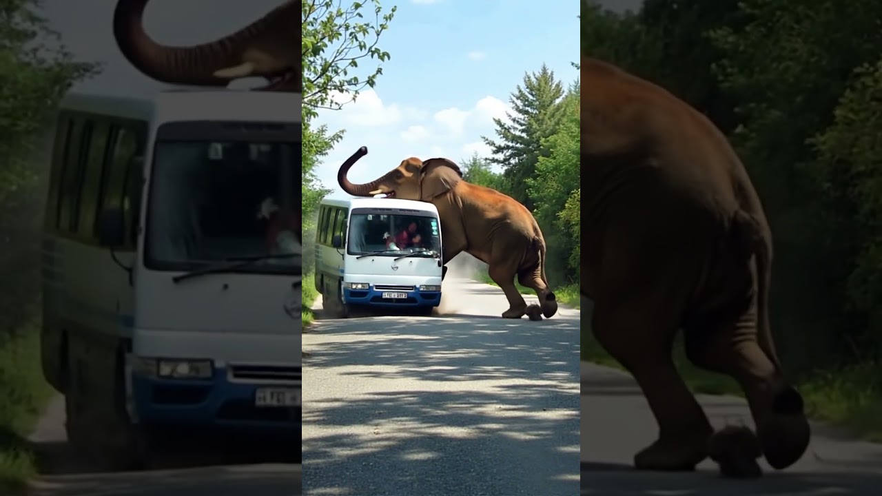 Elephant turns wild and attacks small white bus &mdash; a dangerously close call caught on video! 🐘😱🚌