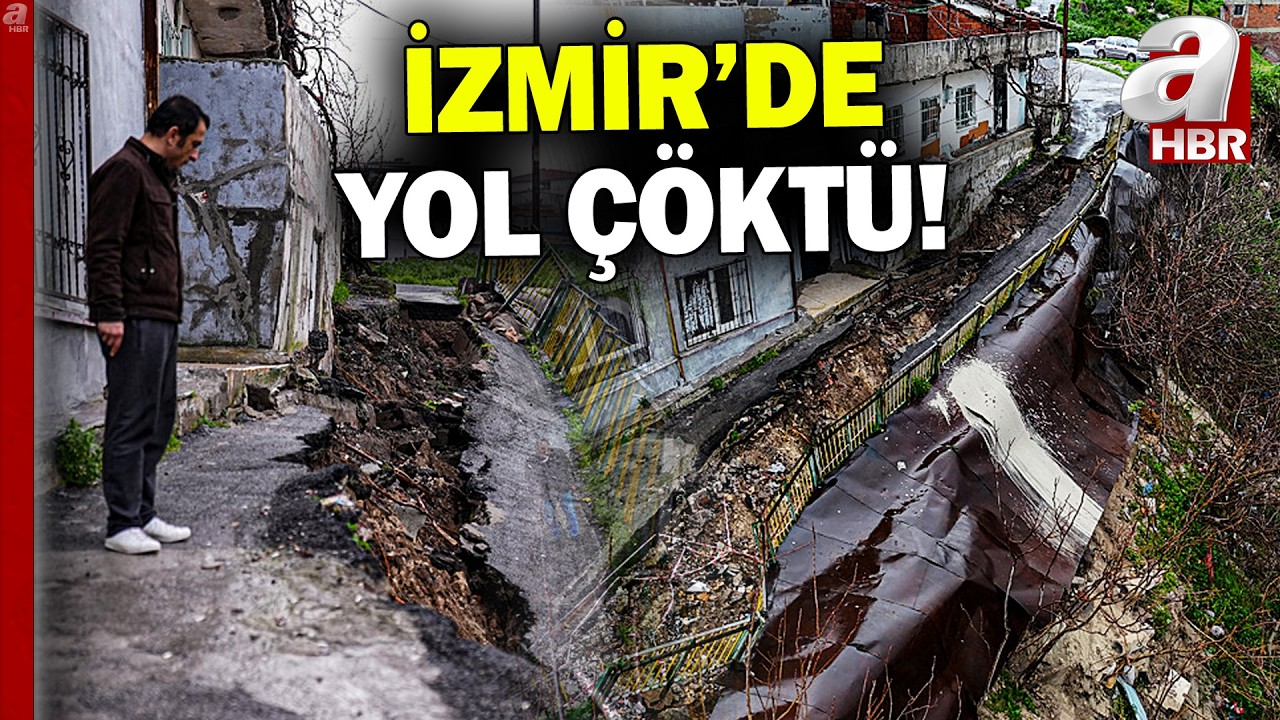 İzmir'de sağanak sonrası asfalt yol çöktü! Evler tahliye edildi | A Haber