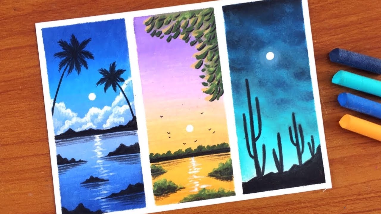 3 Oil Pastel Landscape Painting for beginners | Oil pastel Drawing