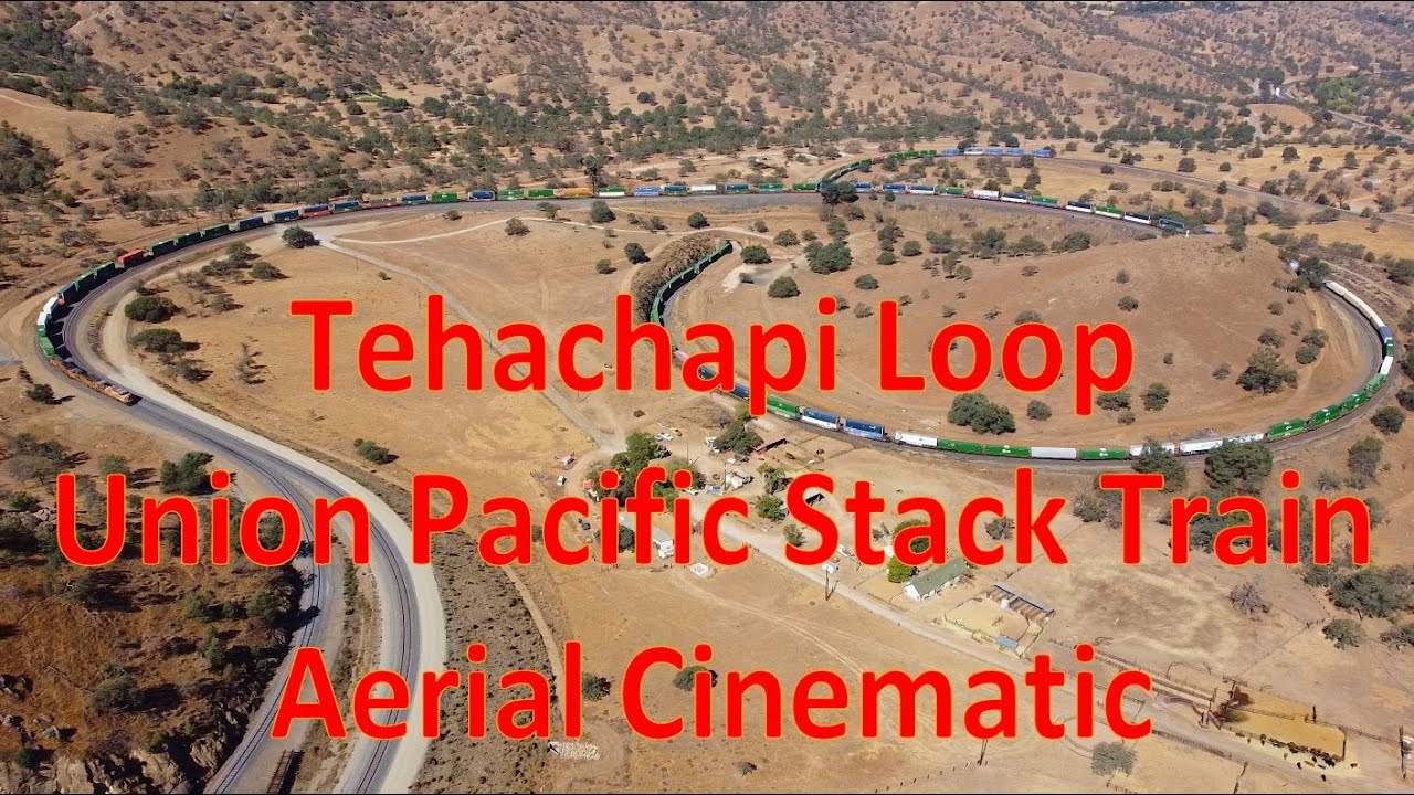 Tehachapi Loop Union Pacific Stack Train - Aerial Cinematic -  Long Cut {Slow TV} 4k