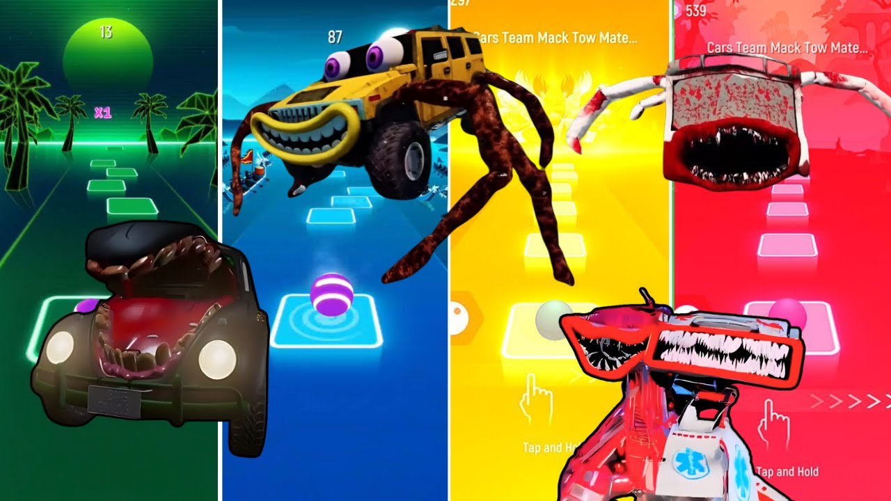 Zombie taxi vs Hummer car eater vs Twins head ambulance eater vs Bus monster Tiles hop