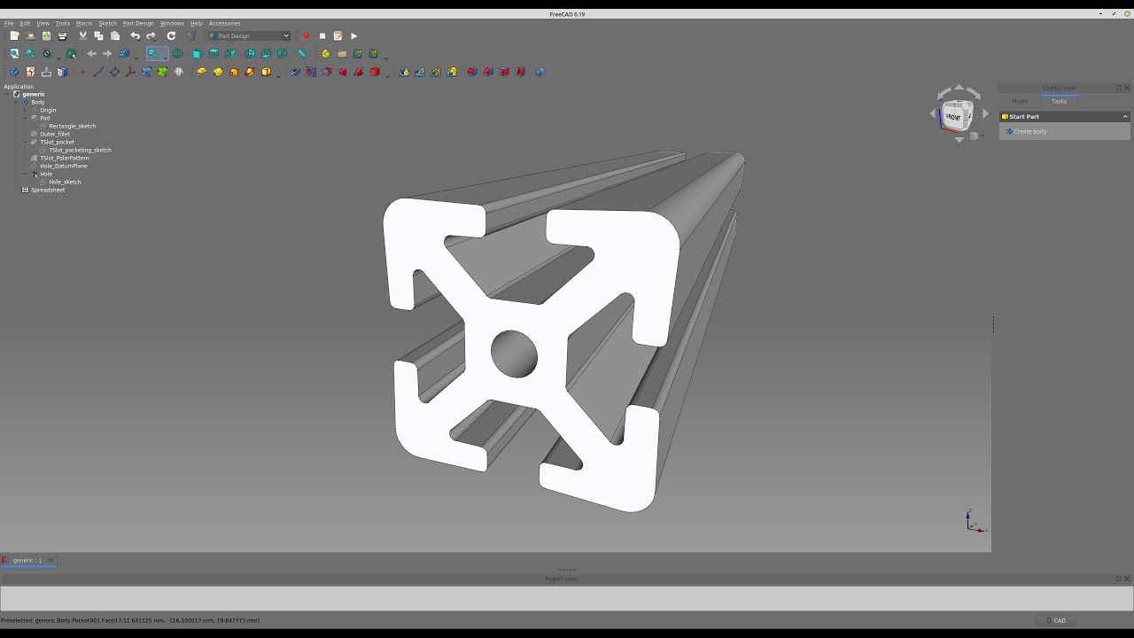 Modeling Aluminum Extrusion in FreeCAD 0.19
