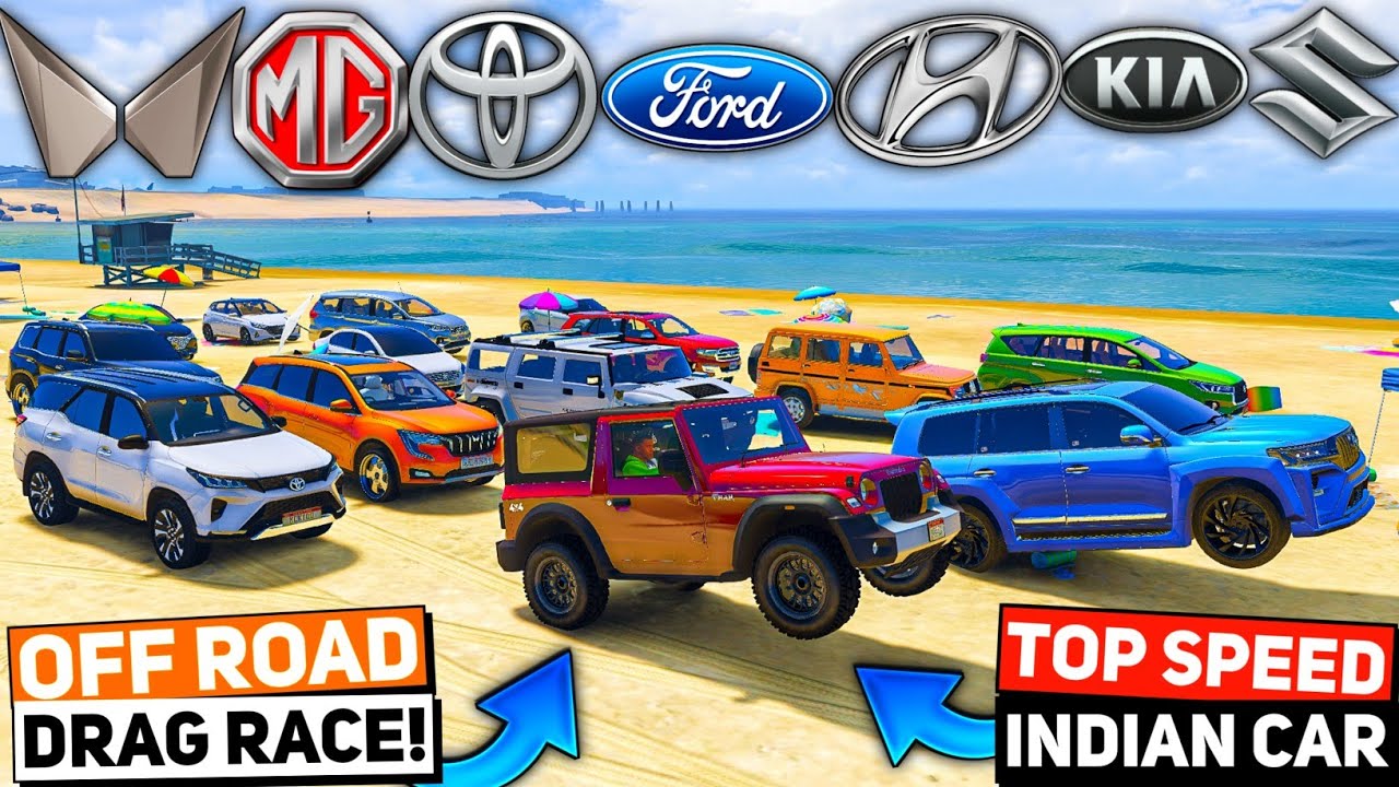GTA 5: INDIAN FAMOUS SUVS CARS ON WATER BEACH⛱️🌊 FUNNY DRAG RACE 😂 GTA 5 MODS!
