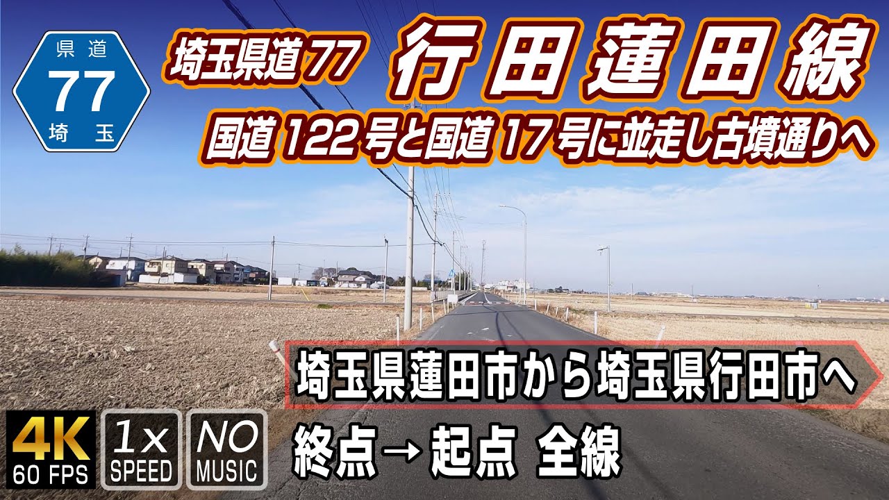 【埼玉県道77号 行田蓮田線】国道122号と国道17号の間を並走し古墳通りへ | 終点（埼玉県蓮田市閏戸）→ 起点（埼玉県行田市行田）全線 約21km
