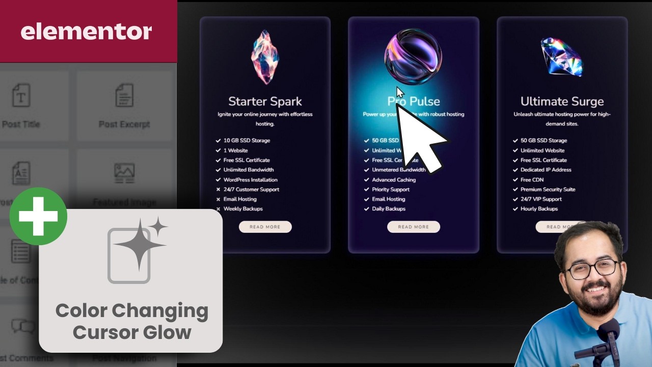 Elementor - Glowing Cursor Changes Color on Hover