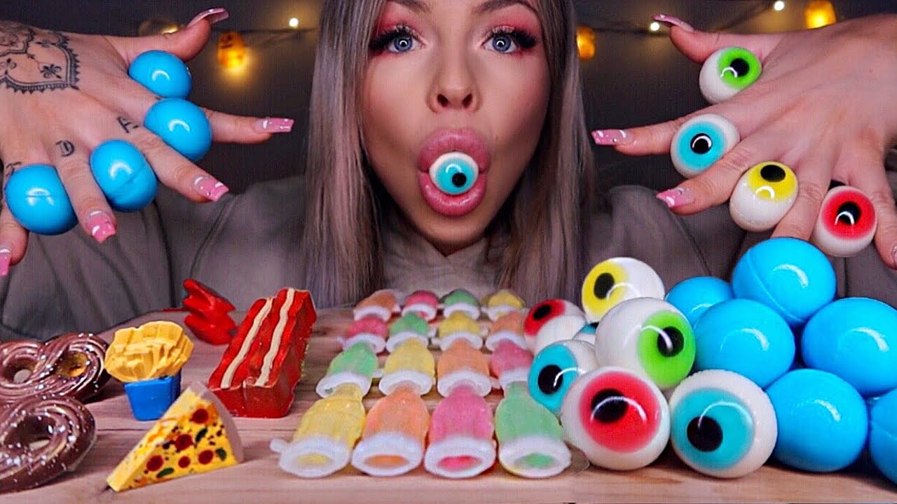 ASMR PLANET GUMMI JELLY, NIK-L-NIPS WAX BOTTLES CANDY, EYEBALLS JELLY, CHOCOLATE BACON MUKBANG ASMR