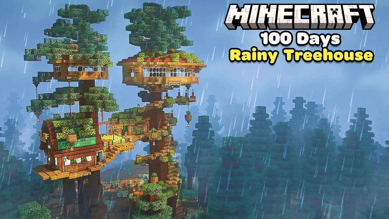 I Spent 100 Days Building a Cozy Rainy Treehouse in Minecraft