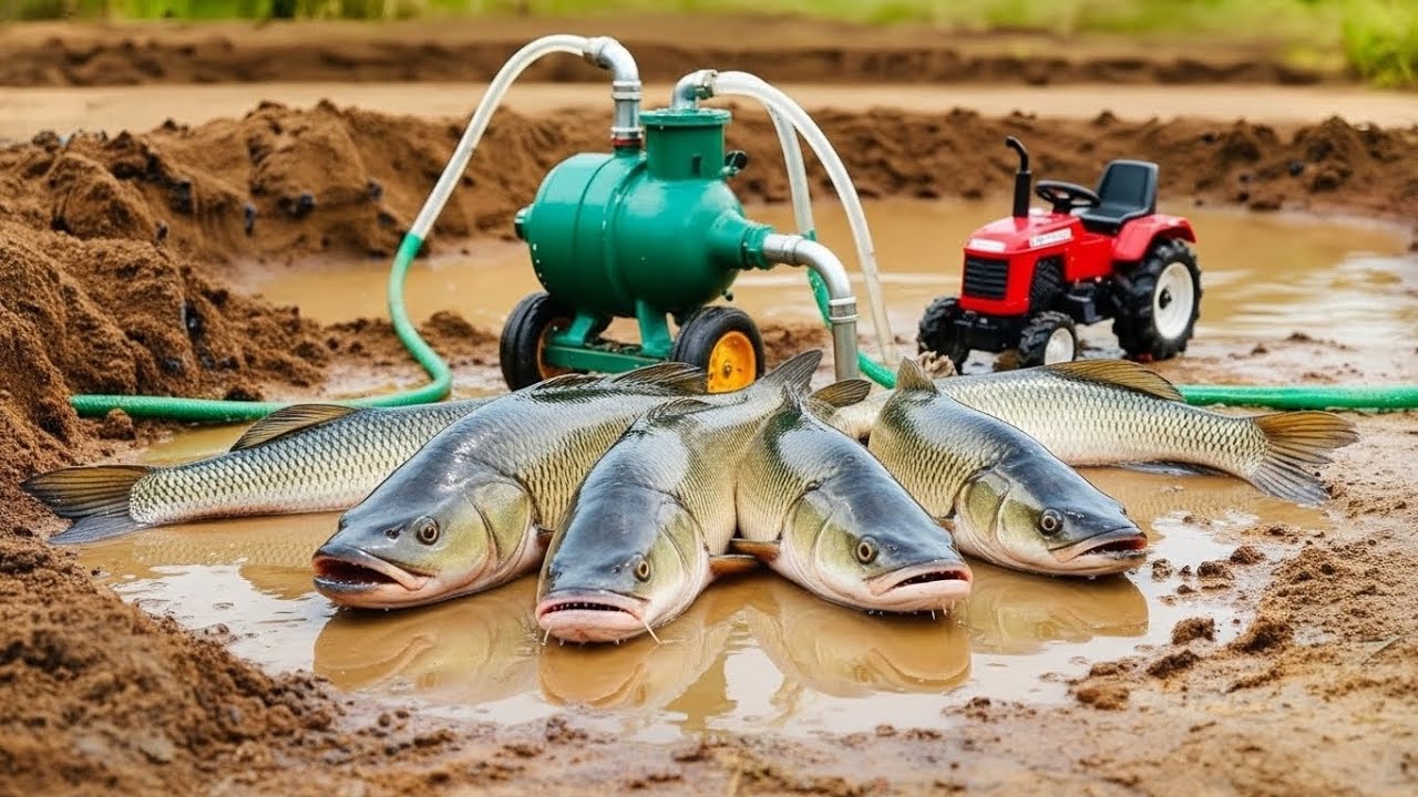 Catch fish using mini diesel engine water pump for fish | fishing exciting | diy tractor Full hd