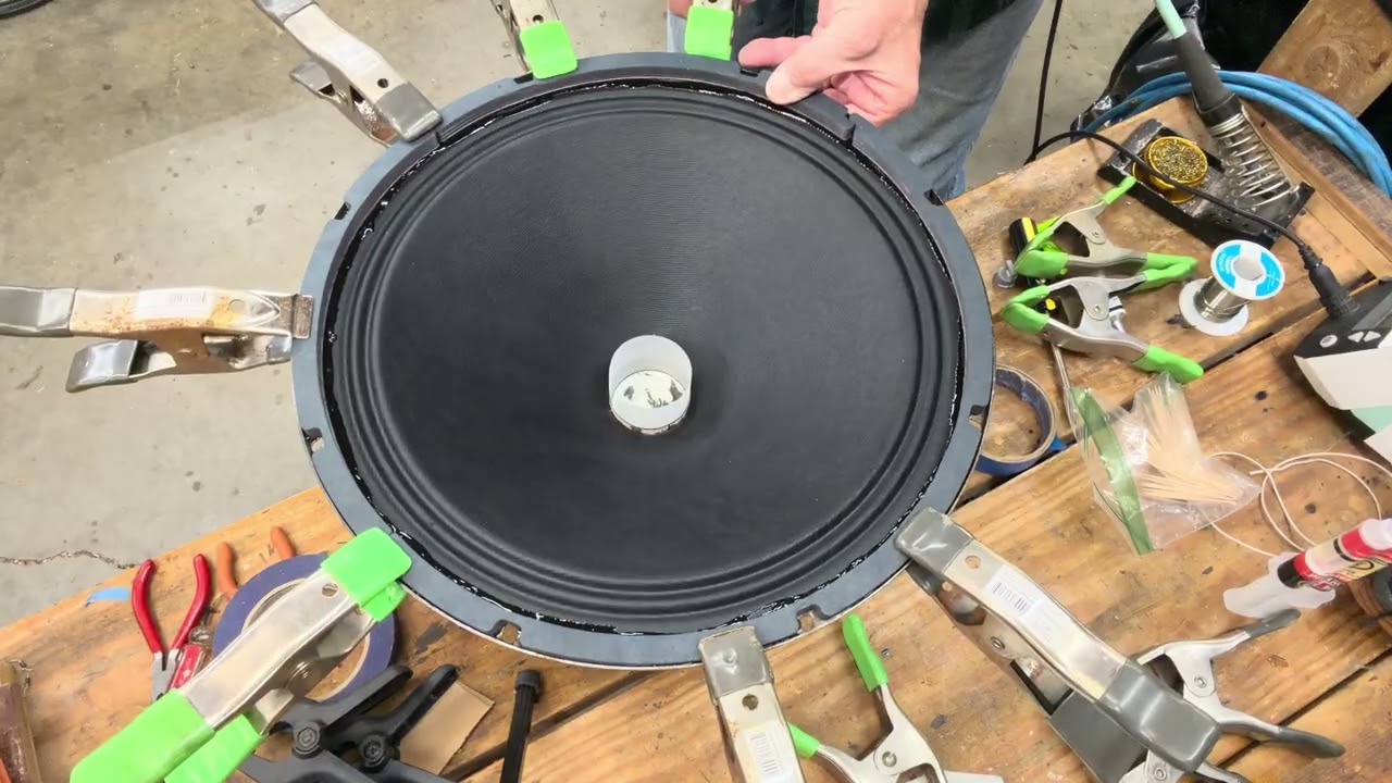 Reconing a Jensen P15LL speaker, installing the cone. 