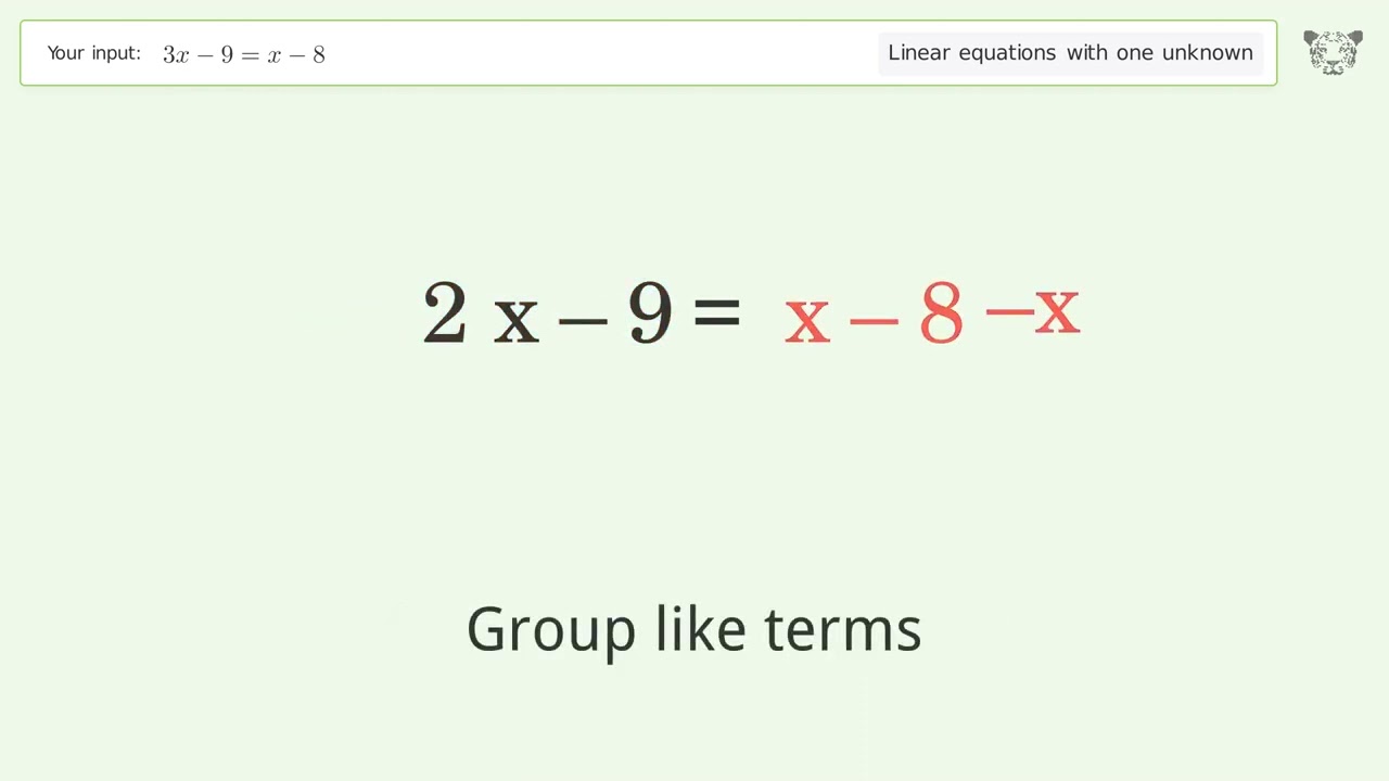 Linear equation with one unknown: Solve 3x-9=x-8 step-by-step solution
