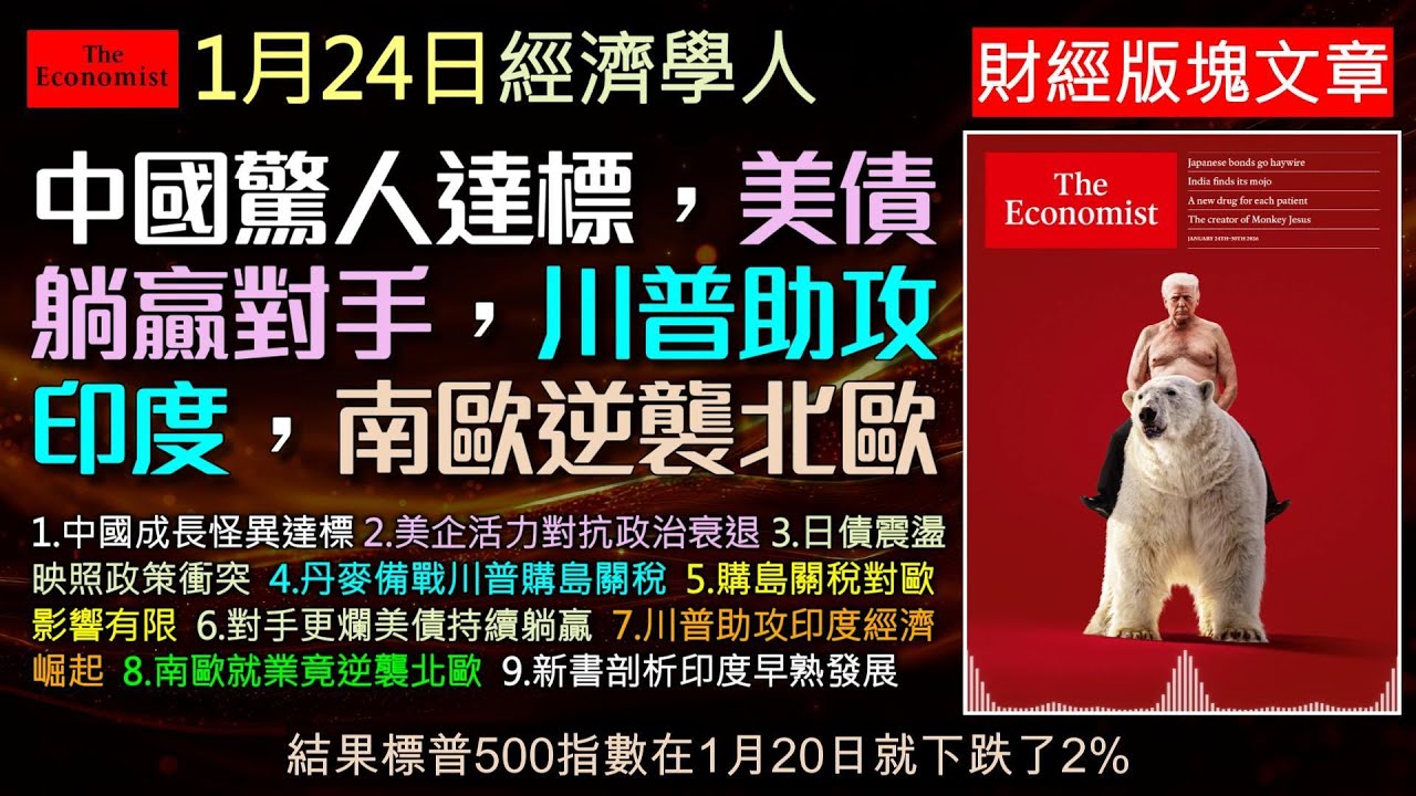 經濟學人1/24《財經版塊Podcast》中國驚人撐住GDP、日本債市卻開始動搖，美國金融霸權仍在。川普關稅再起、歐洲緊張應戰，印度卻趁勢崛起成全球製造新核心。全球經濟正在重組，你站對邊了嗎？