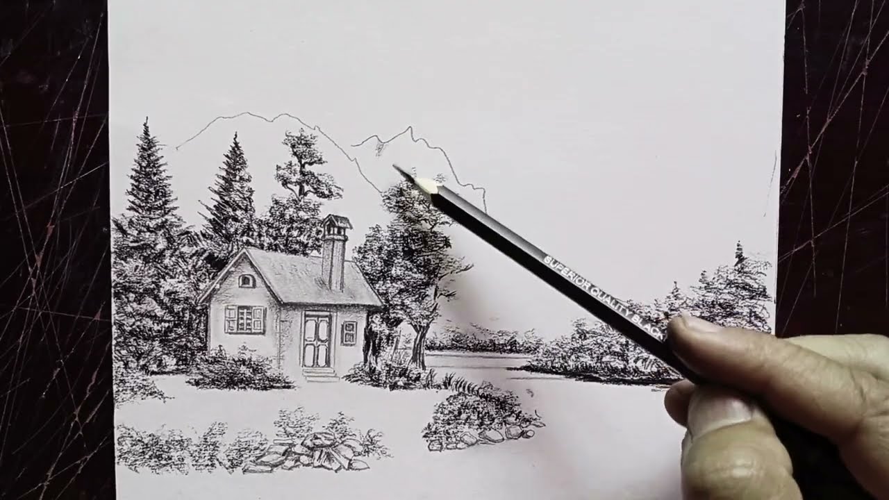 How to Draw a Wooden House and Mountain Scenery by the River | Easy Nature Landscape Drawing