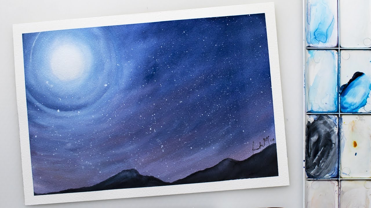 Watercolor starry night with moonshine - full moon painting