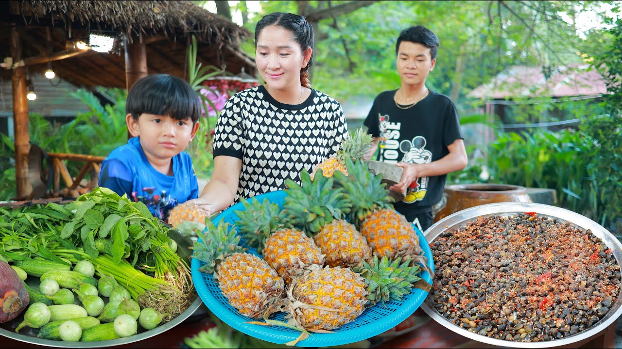 Mommy Chef Sros Pickle Water Melon, Burn Pineapple and cook, River Clams dried - Cooking with Sros