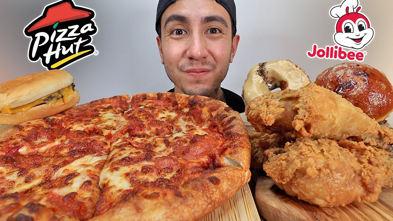 EATING PIZZA HUT EXTRA CHEESE PIZZA JOLLIBEE SPICY FRIED CHICKEN ASMR MUKBANG