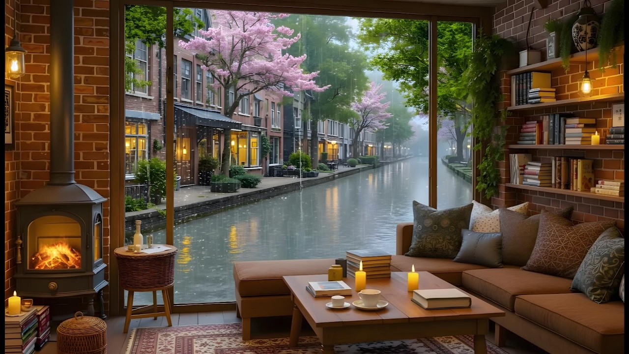 Rainy Spring Coffee Shop Ambience ☕ Smooth Jazz & Cozy Fireplace for Study, Work & Relax