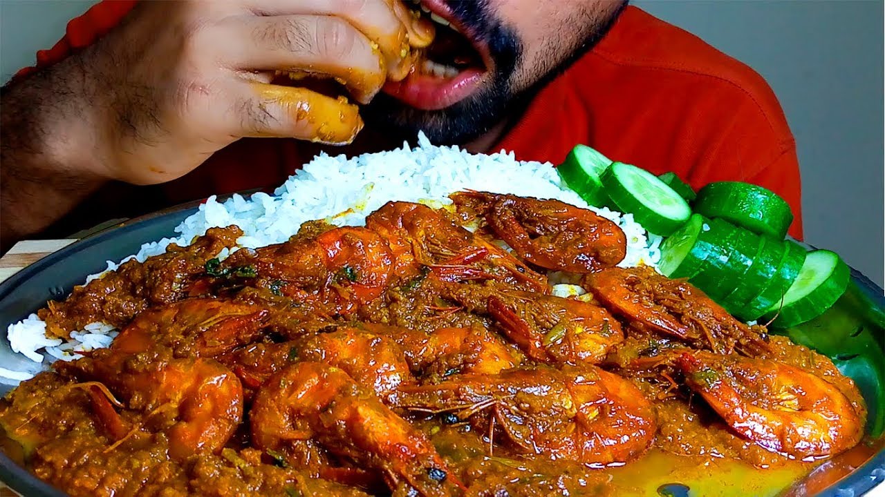BIG SPICY SHRIMP CURRY AND  BASMATI RICE  EATING SOUND |#HungryPiran