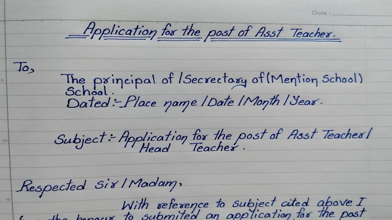 Application For The Post Of Assistant Teacher ||Application Writing In English || Letter Writing ||