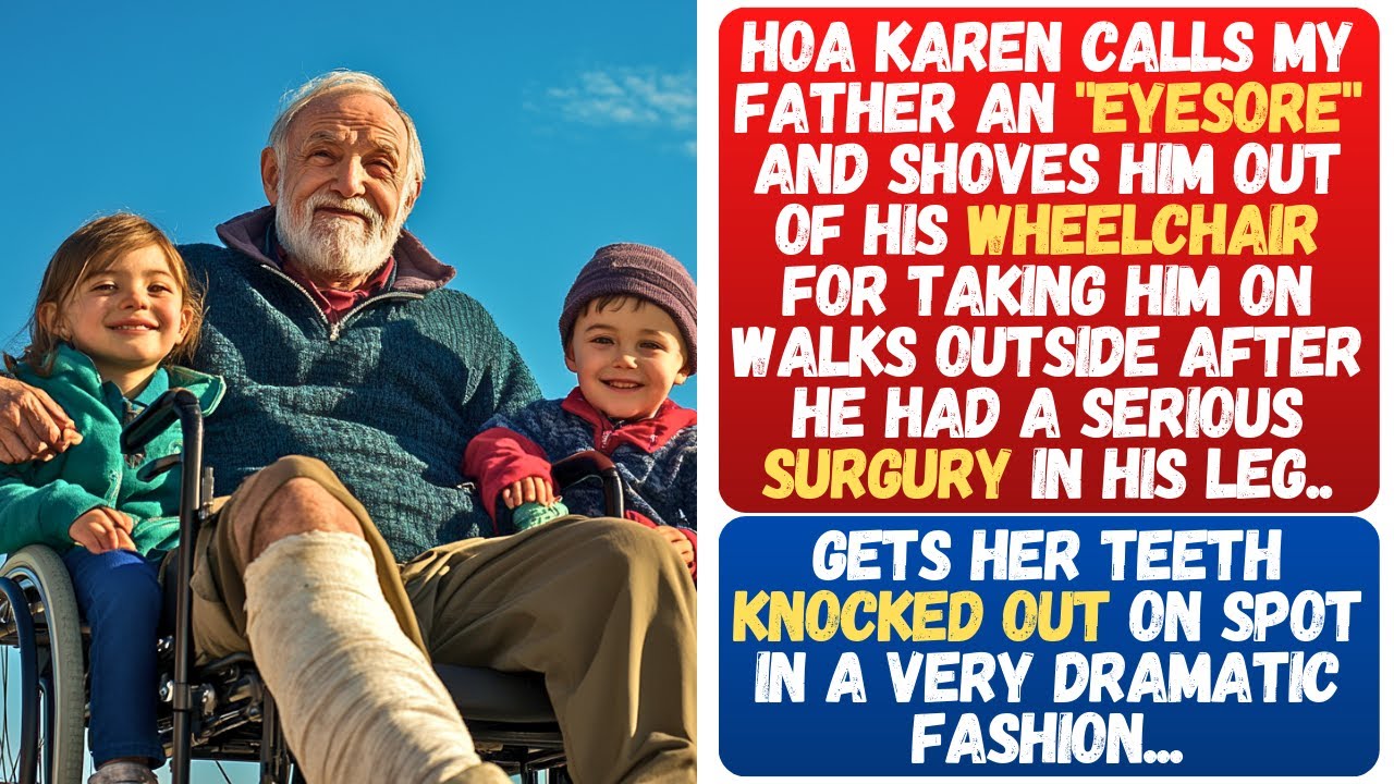HOA KAREN SHOVES A DISABLED MAN OUT OF HIS WHEELCHAIR IN FRONT OF HIS GRANDKIDS! KNOCK OUT HER TEETH