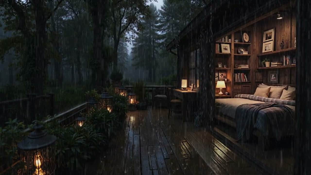 Quiet Rainfall Over a Woodland Cabin 🌧️ Peaceful Dark Room Comfort | 4K – No Ads