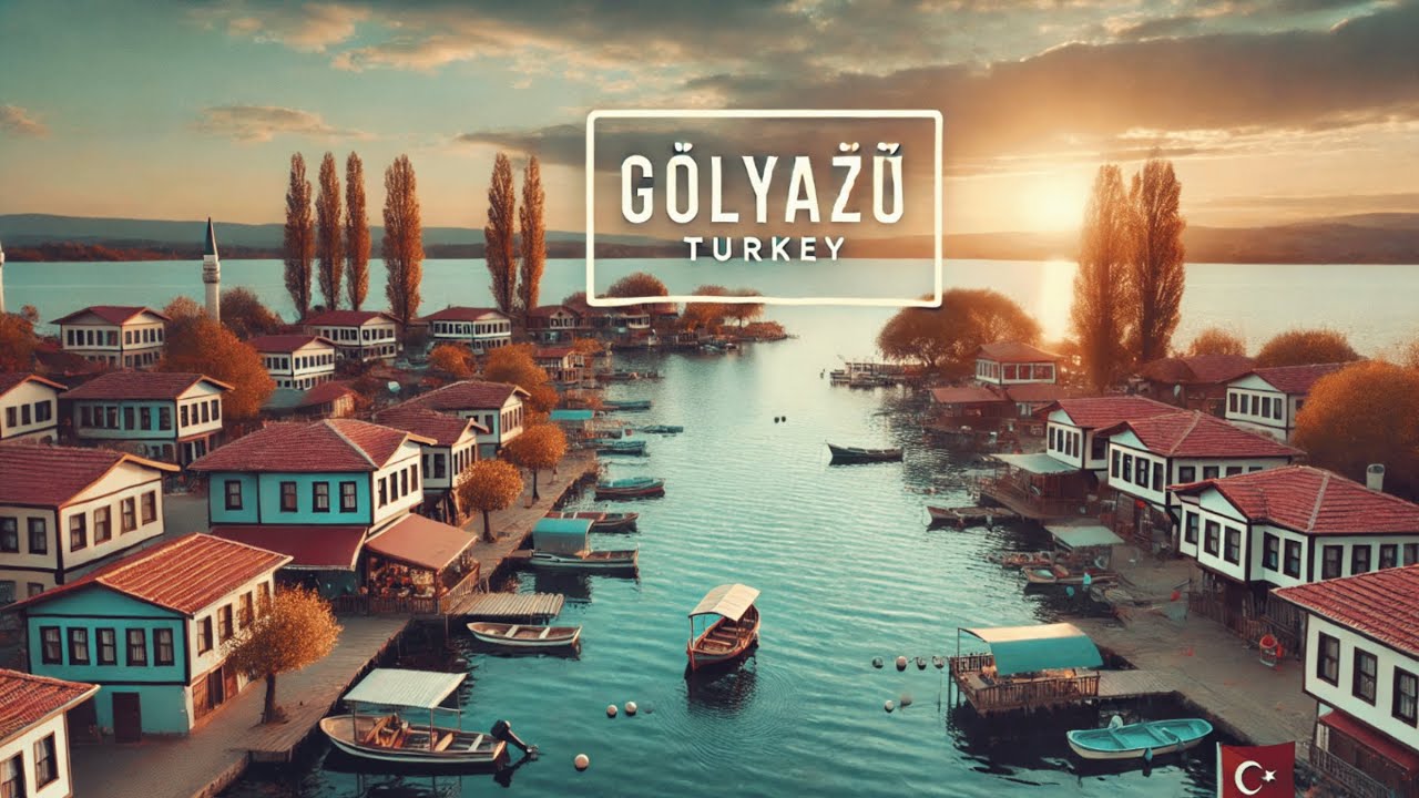 G&ouml;lyazı  a Turkish town founded on a small peninsula on Lake Uluabat     by drone 4K, Turkey