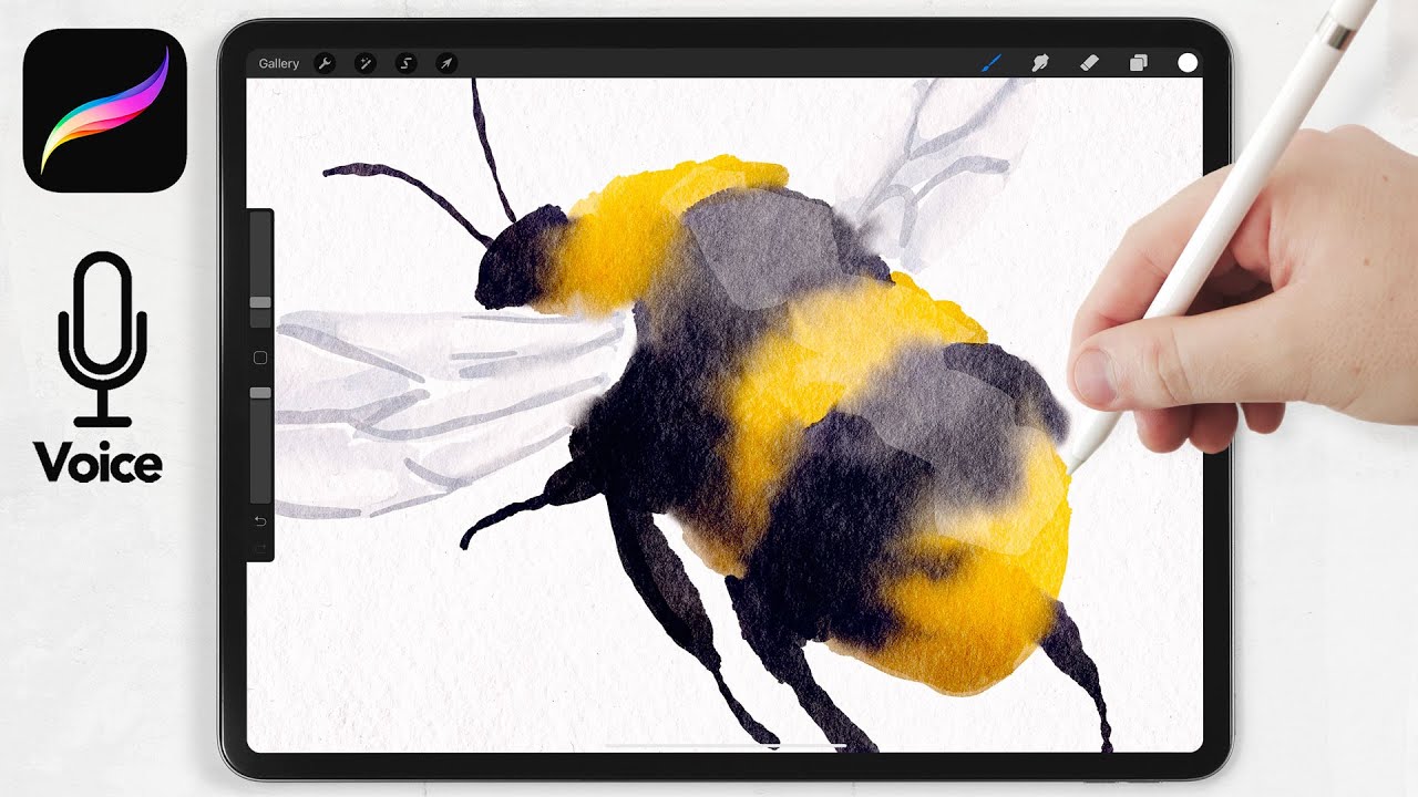Акварельный шмель // Простой урок по акварели // Акварельные кисти для Procreate