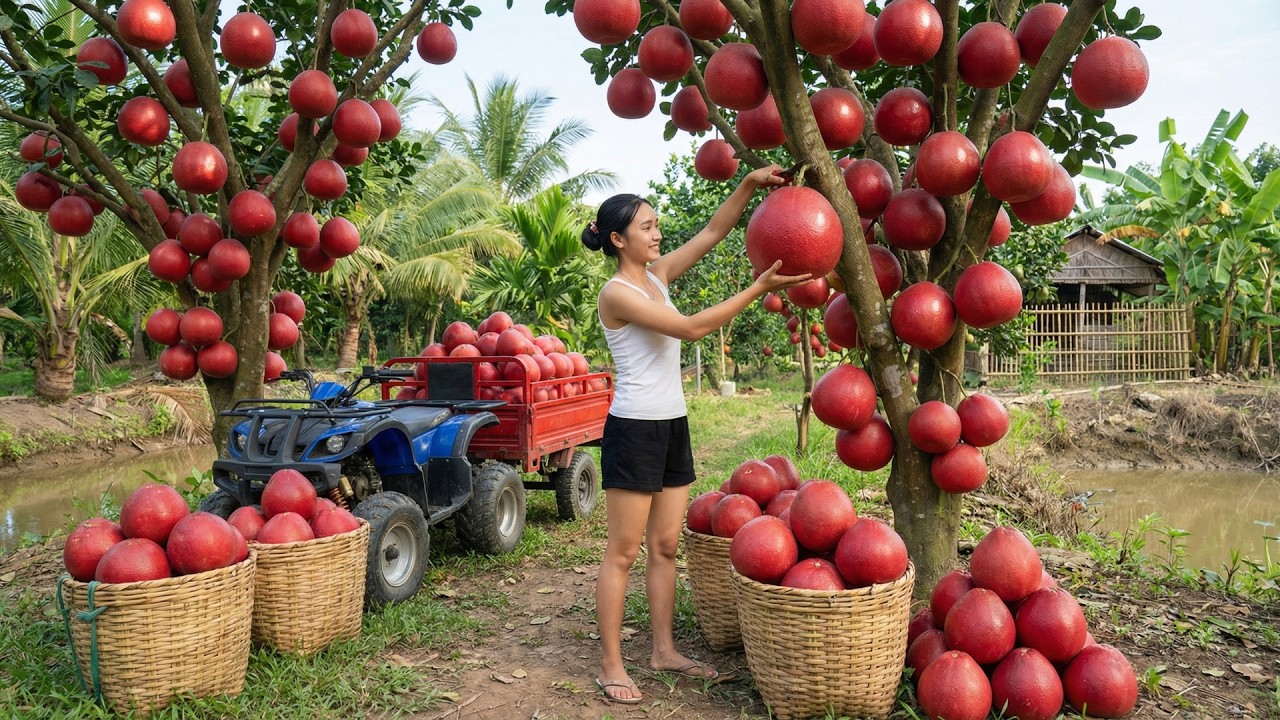 Harvesting a TON of Giant Red Pomelos and Transporting Them to the Market for Sale | A Peaceful Life