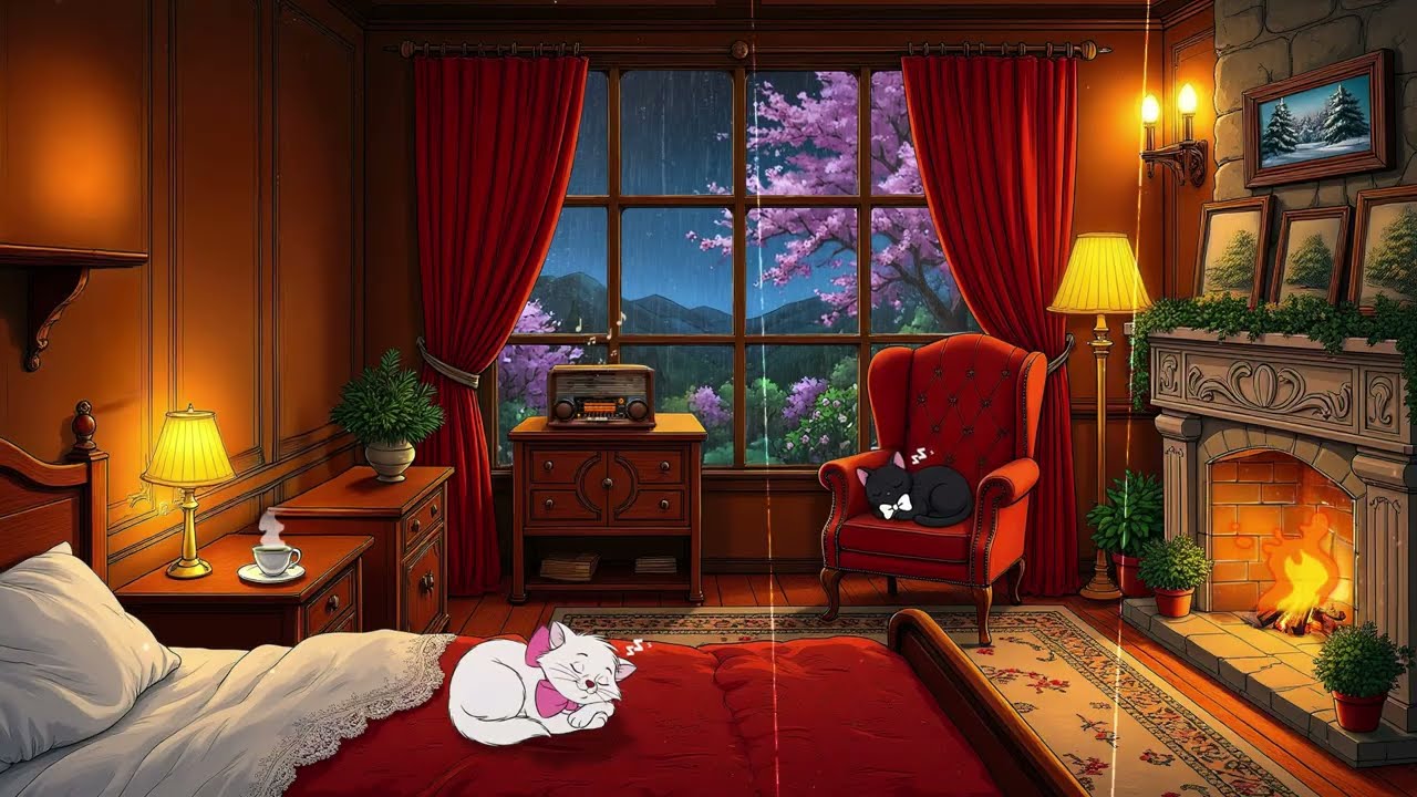 it's 1940s and you're listening to romantic vintage jazz on a cozy rainy night fireplace & rain soun