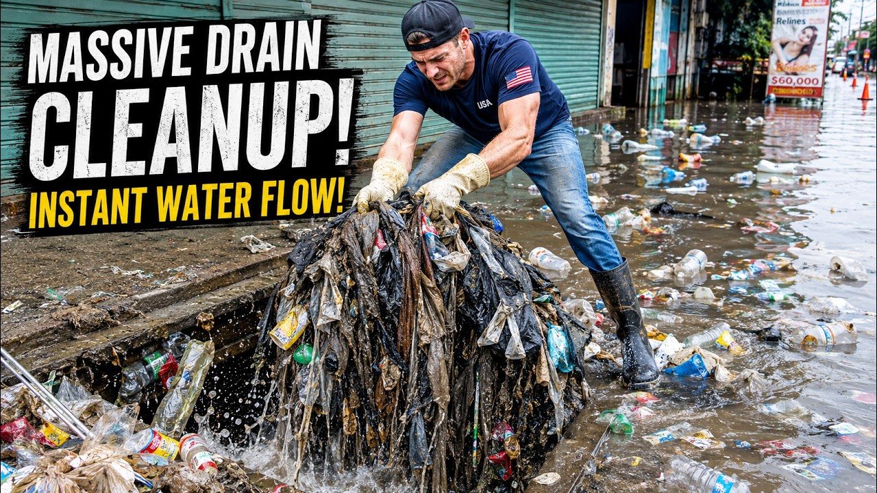He Pulled Out a MASSIVE Trash Clog From This Flooded Drain! 😱🌊 The Water Was Completely Blocked!