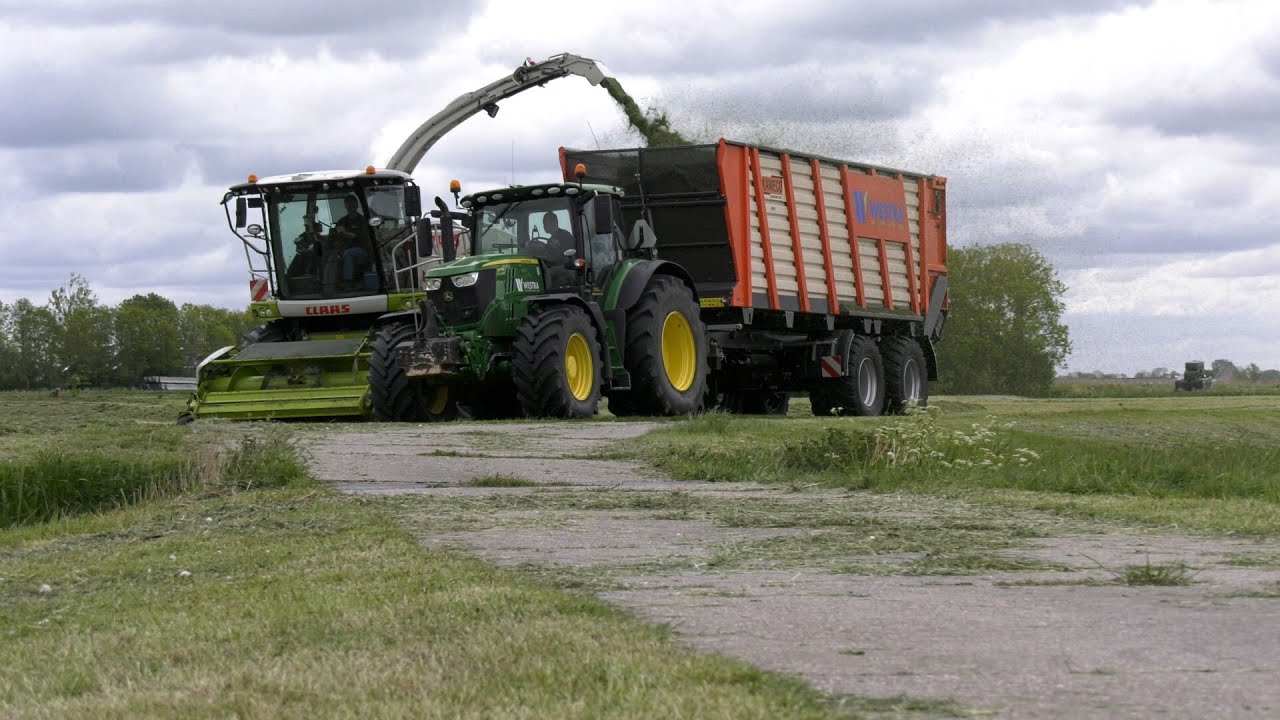 Claas Jaguar 930 en John Deere 6215 R gras hakselen door Loonbedrijf Westra