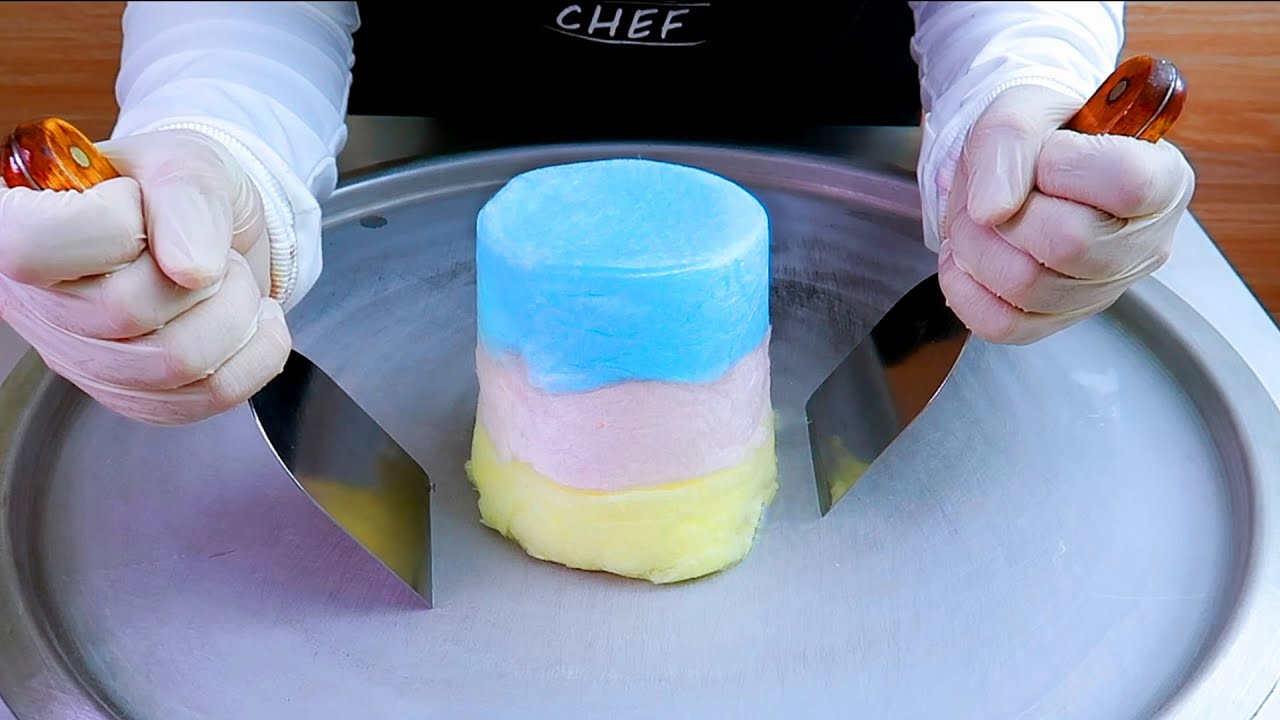 Unicorn cotton candy ice cream rolls street food - ايسكريم رول غزل البنات