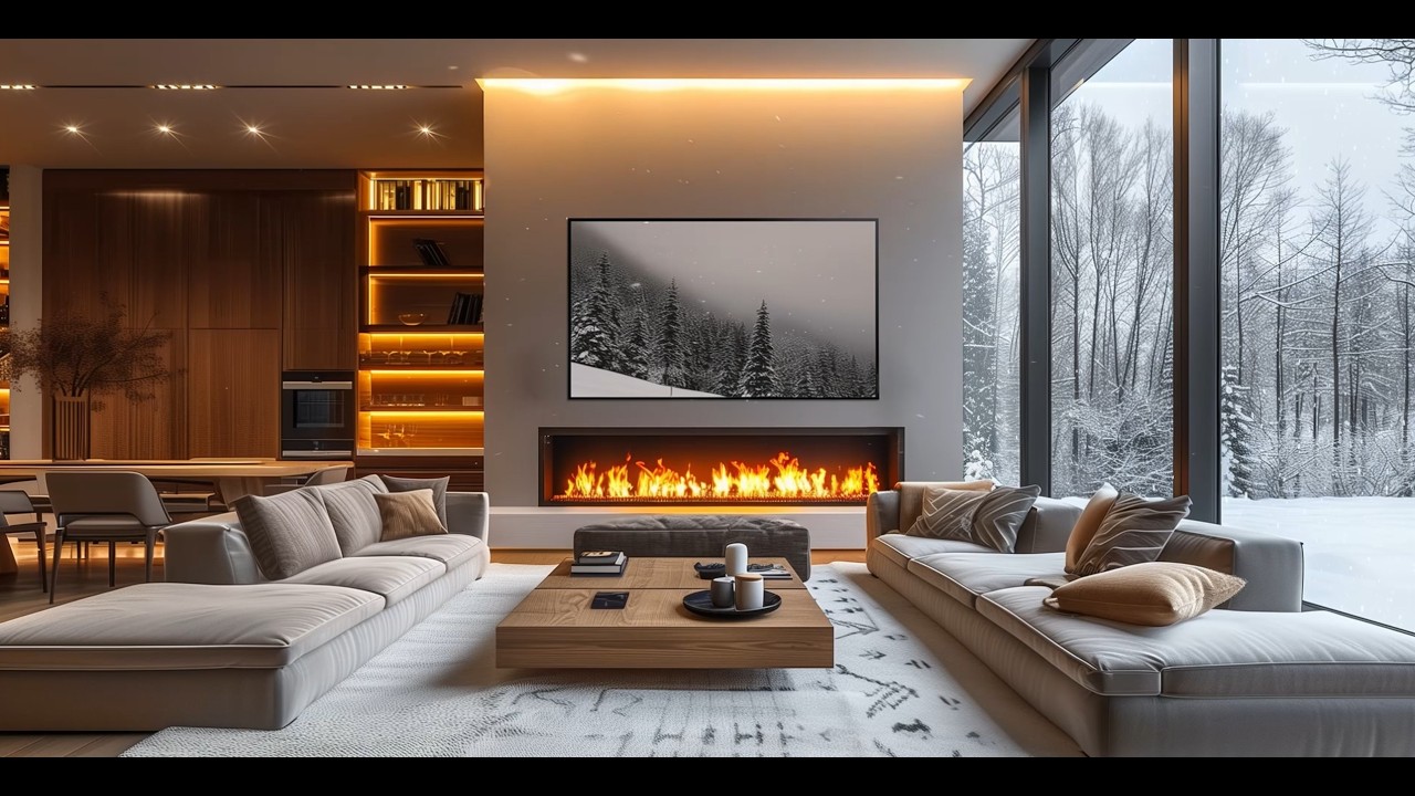 Cozy Space in modern ambience. Winter Hideout in the Mountains ❄️, snowflakes falling gently.