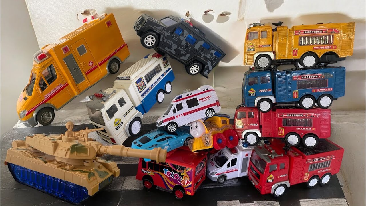 POLICE CAR, FIRE TRUCK, AMBULANCE, TAYO TELOLET, TANK, ARMY CAR AND SUZUKI CARRY 