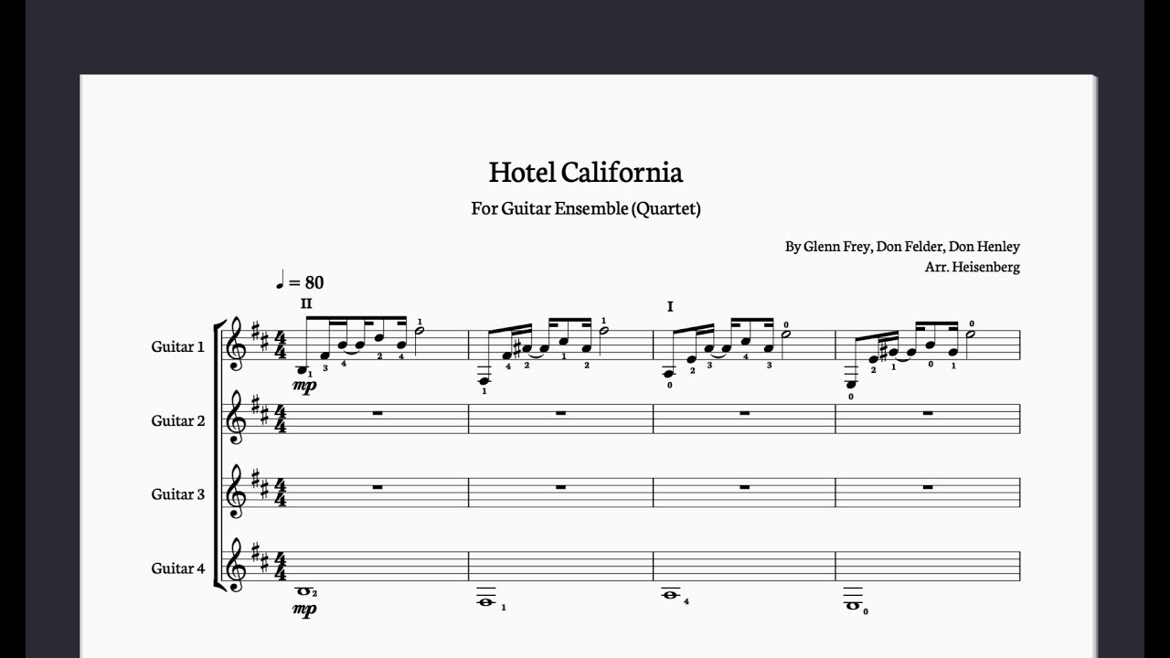 Play along Guitar Quartet Sheet Music - Hotel California - Eagles