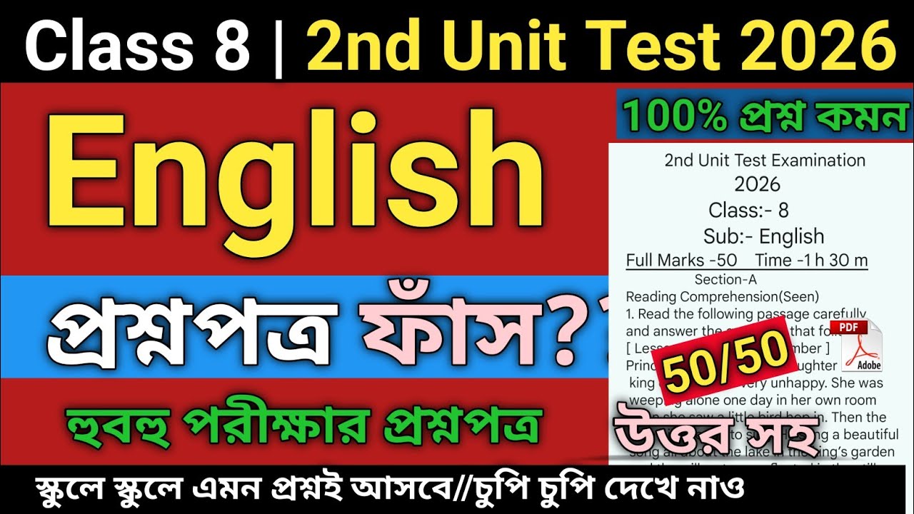 Class 8 English Second Unit Test Question Paper 2026 | Class 8 english 2nd unit test suggestion 2026