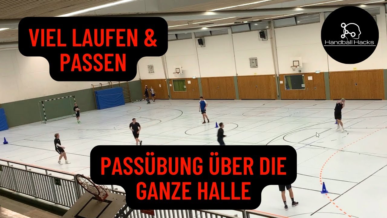 Passübung über die komplette Halle mit viel Bewegung und vielen Bällen!