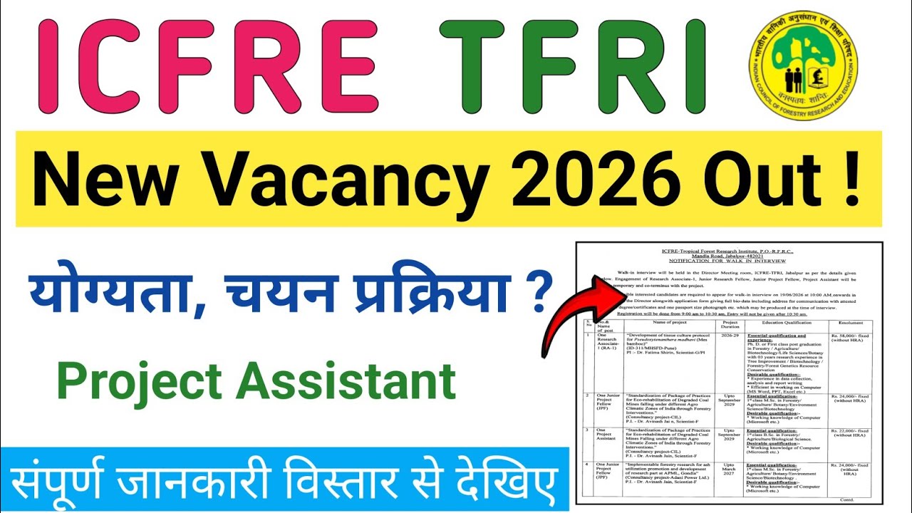 ICFRE TFRI New Vacancy 2026 Out|TFRI Project Assistant Vacancy 2026|TFRI Jabalpur Recruitment 2026